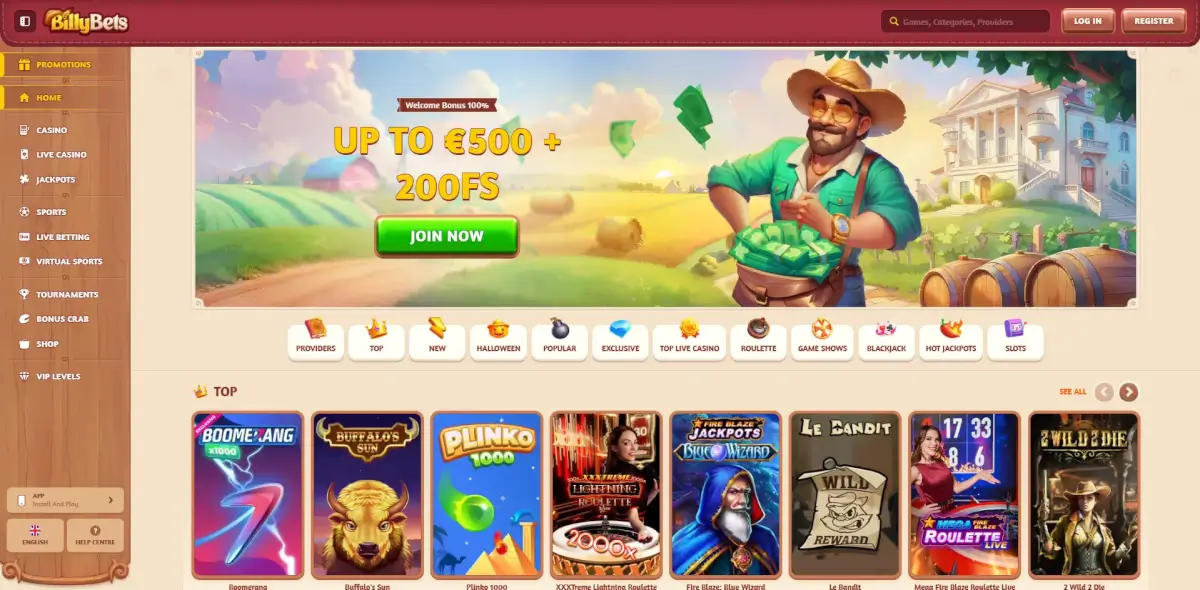 BillyBets main menu